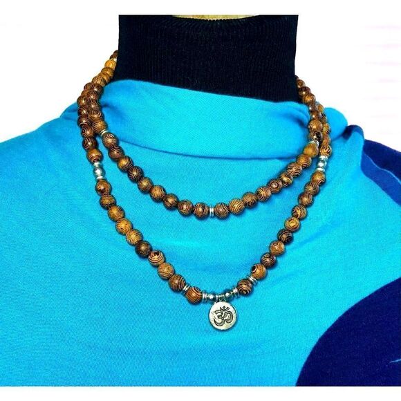 Tibetan Buddhist 108 Wood Beads Mala MultiLayer Om Charm Necklace OS - Picture 1 of 7